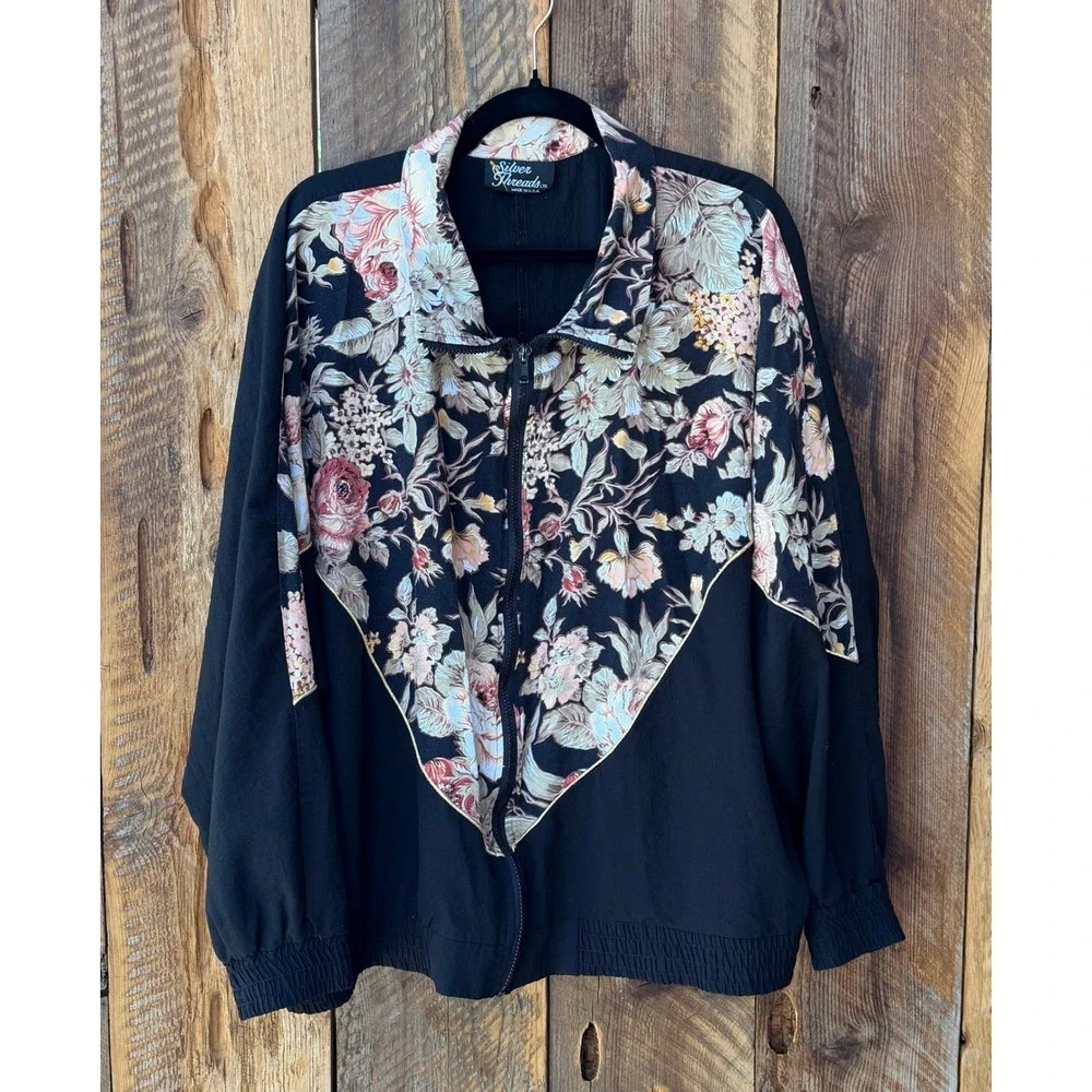 Vintage Floral Windbreaker Jacket Womens Oversized Boho Prairie Cottagecore - Picture 1 of 8
